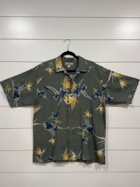 Tommy Bahama 100% Silk "Bird of Paradise" Tropical Camp Shirt - Sage Green - M